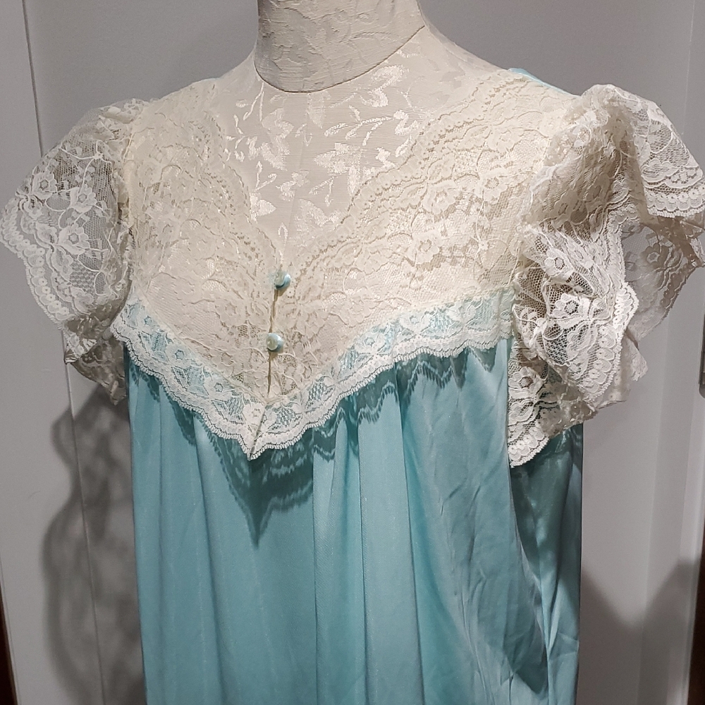 Jaclyn Smith Lace Trim Chemise in Blue and Cream